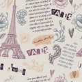 Paris. Vintage seamless pattern with Eiffel Tower, flowers, feathers and text. Royalty Free Stock Photo