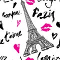 Paris. Vintage seamless pattern with Eiffel Tower and hand drawn lettering.