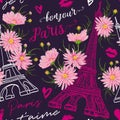 Paris. Vintage seamless pattern with Eiffel Tower, kisses, hearts and pink chamomile flowers in watercolor style. Royalty Free Stock Photo