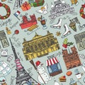 Paris winter,Doodle landmarks seamless pattern.Color