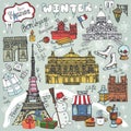 Paris winter,Doodle landmarks,symbols.Colored map