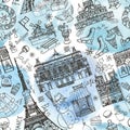 Paris winter,landmarks seamless pattern.Watercolor