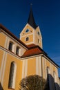 Parish church assumption in Berching, Bavaria in autumn with multicolored tree in foreground