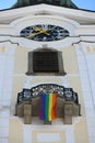 Parish church in Freistadt with the rainbow flag during Pride Week, MÃÂ¼hlviertel, Upper Austria, Austria, Europe