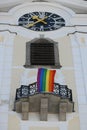 Parish church in Freistadt with the rainbow flag during Pride Week, MÃÂ¼hlviertel, Upper Austria, Austria, Europe