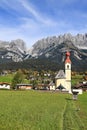 The parish church at the Going village with the famous mountain Wilder Kaiser Austria Royalty Free Stock Photo