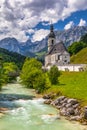 Parish Church of St. Sebastian in the village of Ramsau, Nationalpark Berchtesgadener Land, Upper Bavaria, Germany. Colorful view Royalty Free Stock Photo