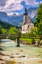 Parish Church of St. Sebastian in the village of Ramsau, Nationalpark Berchtesgadener Land, Upper Bavaria, Germany. Colorful view Royalty Free Stock Photo