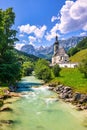 Parish Church of St. Sebastian in the village of Ramsau, Nationalpark Berchtesgadener Land, Upper Bavaria, Germany. Colorful view Royalty Free Stock Photo