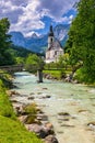 Parish Church of St. Sebastian in the village of Ramsau, Nationalpark Berchtesgadener Land, Upper Bavaria, Germany. Colorful view Royalty Free Stock Photo