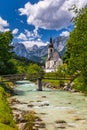 Parish Church of St. Sebastian in the village of Ramsau, Nationalpark Berchtesgadener Land, Upper Bavaria, Germany. Colorful view Royalty Free Stock Photo