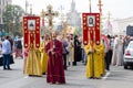 Parishioners Ukrainian Orthodox Church Moscow Patriarchate during religious procession. Kiev, Ukraine