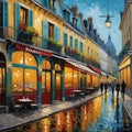 Parisian boulangerie with terrace cafe, overlooking the cobbled streets of Montmartre, painting art, Van Gogh, balconies, night Royalty Free Stock Photo