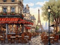 Parisian cafe embroidery. Cross stitch pattern. Cross stitching illustration of atmospheric cafe in parisian street in front of