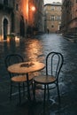 Parisian cafe terrace in rainy autumn day. Royalty Free Stock Photo