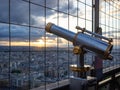 Parisian cityscape with spyglass from Eiffel Tower viewpoint. View of Seine River with bridges and Ile aux Cygnes