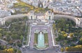 Parisian cityscape at sunset from Tour Eiffel. View of Trocadero with gardens, fountains and Palais de Chaillot. Paris, France. Royalty Free Stock Photo