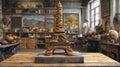 Wooden eiffel tower on a wooden table in an antique room