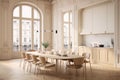 Parisian luxury interior design. A bright dining room with large windows, a long wooden table, and elegant chairs. Royalty Free Stock Photo