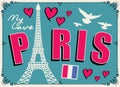 Vector banner with parisian eiffel tower and flag