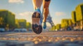 Parisian Runner A Low-Angle Perspective of a Running Shoe Sole on Cobblestone with Eiffel Tower in the Background Royalty Free Stock Photo