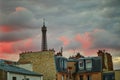 Parisian skyline with the Eiffel tower with dramatic colorful sunset