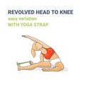 Parivritta Janu Sirsasana Easy Variation with Strap Female Illustration. Colorful Revolved Head to Knee Yoga Pose image.