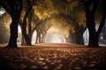 Park alley. Alley of the city park. Long shadows in the evening. Sunlight at sunset. AI generated