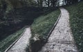 Park alley through gloomy nature and ruins