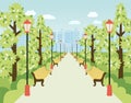 Park, alley with lanterns, benches and green trees. City garden, urban recreation area. Flat vector cartoon illustration