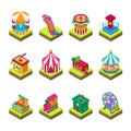 Park amusement attraction park with carousels kid outdoor entertainment construction vector illustration isometric game