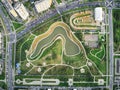 Park of the 850 anniversary of Moscow, Russia, left coast of the Moskva River, aerial view drone Royalty Free Stock Photo