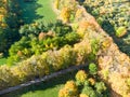 Park in autumn with bushy trees with bright colorful autumnal foliage, top view