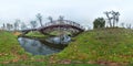 Park at autumn with dark sky, river and bridge Ugly landscape. 3D spherical panorama with 360 degree viewing angle Ready for virtu Royalty Free Stock Photo