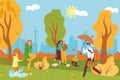 Park at autumn, vector illustration. Cartoon people woman man character walk at nature landscape, girl play in puddle Royalty Free Stock Photo