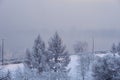 park on the bank of the Yenisei River on an early frosty foggy winter morning Royalty Free Stock Photo