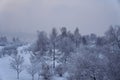 park on the bank of the Yenisei River on an early frosty foggy winter morning Royalty Free Stock Photo