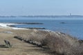 Park and beach emerge as fog recedes from Fairhaven, Massachusetts shoreline Royalty Free Stock Photo