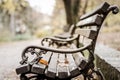 Wooden Park bench in the autumn.