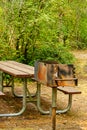 Park bench and barbaque sitting unused along the edge of a fores