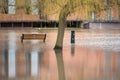 Park bench and bollard in deep flood water under willow tree Royalty Free Stock Photo