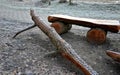 Park bench eye with moving two crocodiles. who will sit on the bench? the branches, slightly modified by a chainsaw, resemble Komo