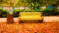 Park bench with golden falken leaves in a community garden. Outdoor chair in a front or back yard lawn with Autumn leaf color