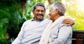 Park, bench and happy, senior couple outdoors for bonding, commitment or loving relationship. Retirement, marriage and Royalty Free Stock Photo