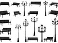 Park bench and lamp post illustrations isolated on white background Royalty Free Stock Photo