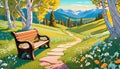 Park bench nature landscape scenic peaceful summer view serene