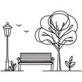 Park Bench Silhouette with Tree Lamp Post Line Art Drawing Royalty Free Stock Photo