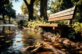 A park bench sits partially submerged, city concept