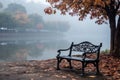 A park bench sitting next to a lake in the fog, AI Royalty Free Stock Photo