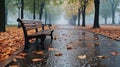 A park bench sitting on a wet sidewalk, AI Royalty Free Stock Photo